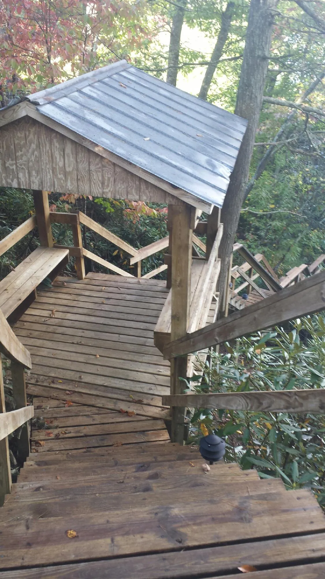 Metal roofed shelter over wooden steps on a wooded walkway — Skylight Repair & Installation work by our crew in Seabeck